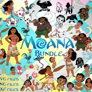 Può includere: Un pacchetto di clipart digitale che include 46 file SVG, PNG e DXF di personaggi e immagini di Moana. Le immagini includono Moana, Maui, Pua il maiale, Hei Hei il gallo e altri personaggi del film Disney Moana. Il testo "Moana Bundle" e "The Sea is Calling" è incluso anche nel clipart.