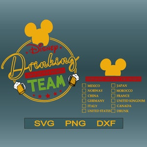 Op de afbeelding: Een geel en rood grafisch ontwerp met een Mickey Mouse-hoofd en de tekst "Disney Drinking Around the World Team". De grafiek bevat ook een bierglas en sterren. Er is een lijst met landen en het woord "DRUNK" in een selectievakje-indeling.
