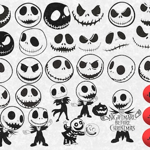 May include: A set of 25 black and white digital cut files featuring various images of Jack Skellington from the movie The Nightmare Before Christmas. The files are available in .png, .svg, and .dxf formats.
