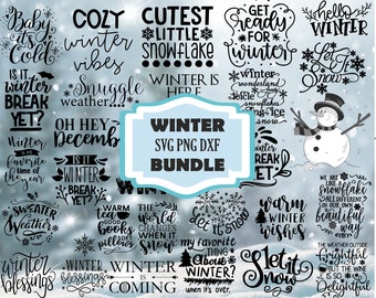 May include: A collection of 20 winter-themed SVG, PNG, and DXF files. The designs feature various winter-related phrases and images, including snowflakes, a snowman, and a winter wonderland scene. The text includes phrases like "Cozy Winter Vibes", "Let It Snow", and "Winter is Coming".