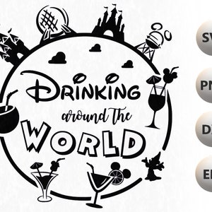 Op de afbeelding: Zwart-wit grafisch ontwerp met een wereld met verschillende Disney-bezienswaardigheden en de tekst "Drinking around the world".