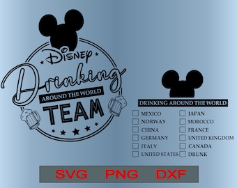 May include: Black and white graphic design featuring a Mickey Mouse head with the text "Disney Drinking Around The World Team" in a circle. The graphic also includes a list of countries and the word "Drunk".