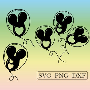 May include: Five black Mickey Mouse shaped balloons with white hearts on a gradient background of blue, green, and pink. The text "SVG PNG DXF" is at the bottom of the image.