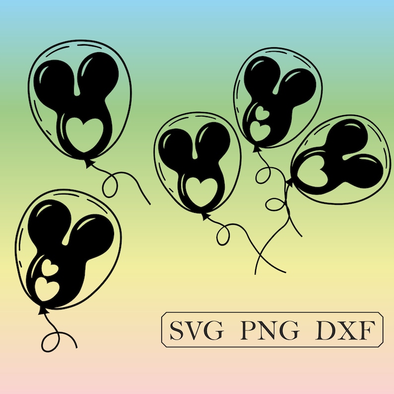 May include: Five black Mickey Mouse shaped balloons with white hearts on a gradient background of blue, green, and pink. The text "SVG PNG DXF" is at the bottom of the image.