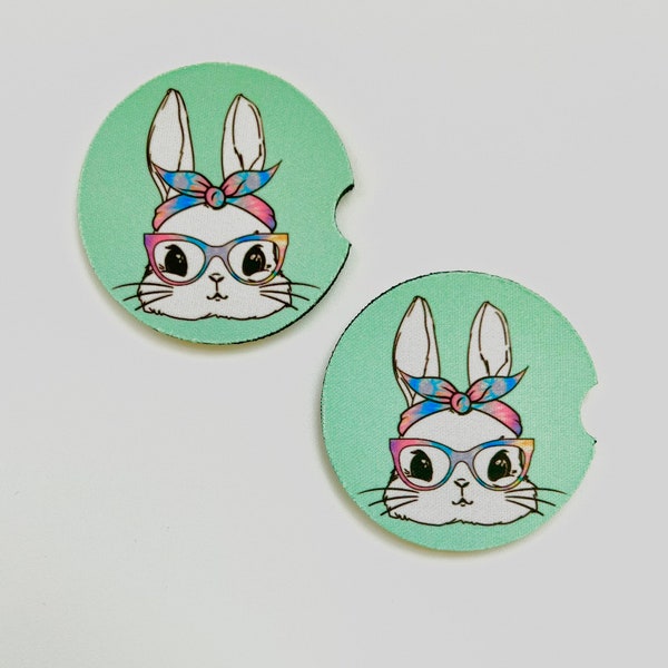 Spring Car Coasters | Bunny Rabbit Car Coasters | Cute Car Coasters | Neoprene Car Coasters | Mint Green Car Coasters | Set of 2 Coasters