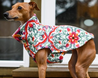 Red and Orange Floral Fleece Italian Greyhound Dog Sweater - great for Miniature Pinscher, Rat Terrier, Boston Terrier, Basenji