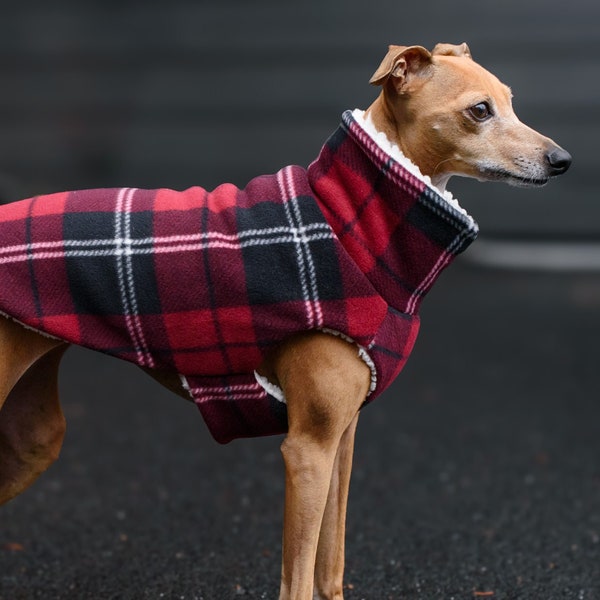 Sherpa lined Italian Greyhound Dog Coat - Red Plaid - also great for Mini Pinscher, Rat Terrier, Boston Terrier, Basenji