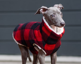 Italian Greyhound Puppy Coat: Sherpa-Lined Fleece, Red Buffalo Check