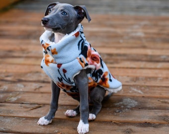 Italiaanse windhondpuppyjas: sherpagevoerde fleece, aquarelbloemen