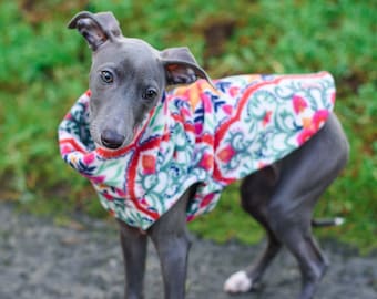 Italian Greyhound PUPPY anti-pill fleece sweater - Red Orange Floral - great for Miniature Pinscher, Rat Terrier, Boston Terrier, Basenji