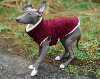 Italian Greyhound Puppy Coat: Red Cable Knit Fleece, Sherpa Lined