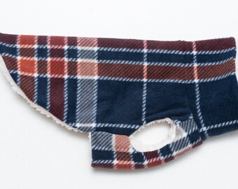 Sherpa-lined Dog Coat - Sale! - READY TO SHIP! - Navy Auburn Plaid, Size Medium - great for Min Pin, Rat Terrier, Boston Terrier, Basenji