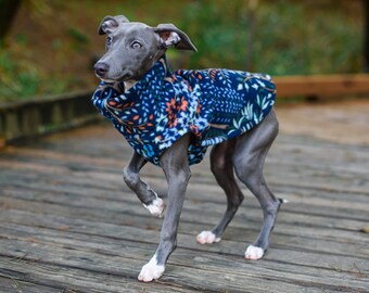 Italian Greyhound PUPPY anti-pill fleece sweater - Navy Flower Trees - great for Miniature Pinscher, Rat Terrier, Boston Terrier, Basenji