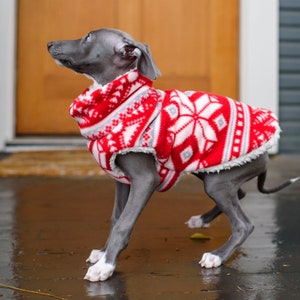 Italian Greyhound PUPPY Sherpa-lined Fleece Dog Coat Red White Snowflake also great for Min Pin, Rat Terrier, Boston Terrier, Basenji image 4