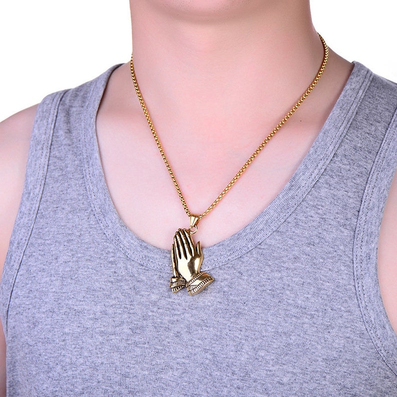 Mens Stainless Steel Praying Hands Pendant Necklace Etsy