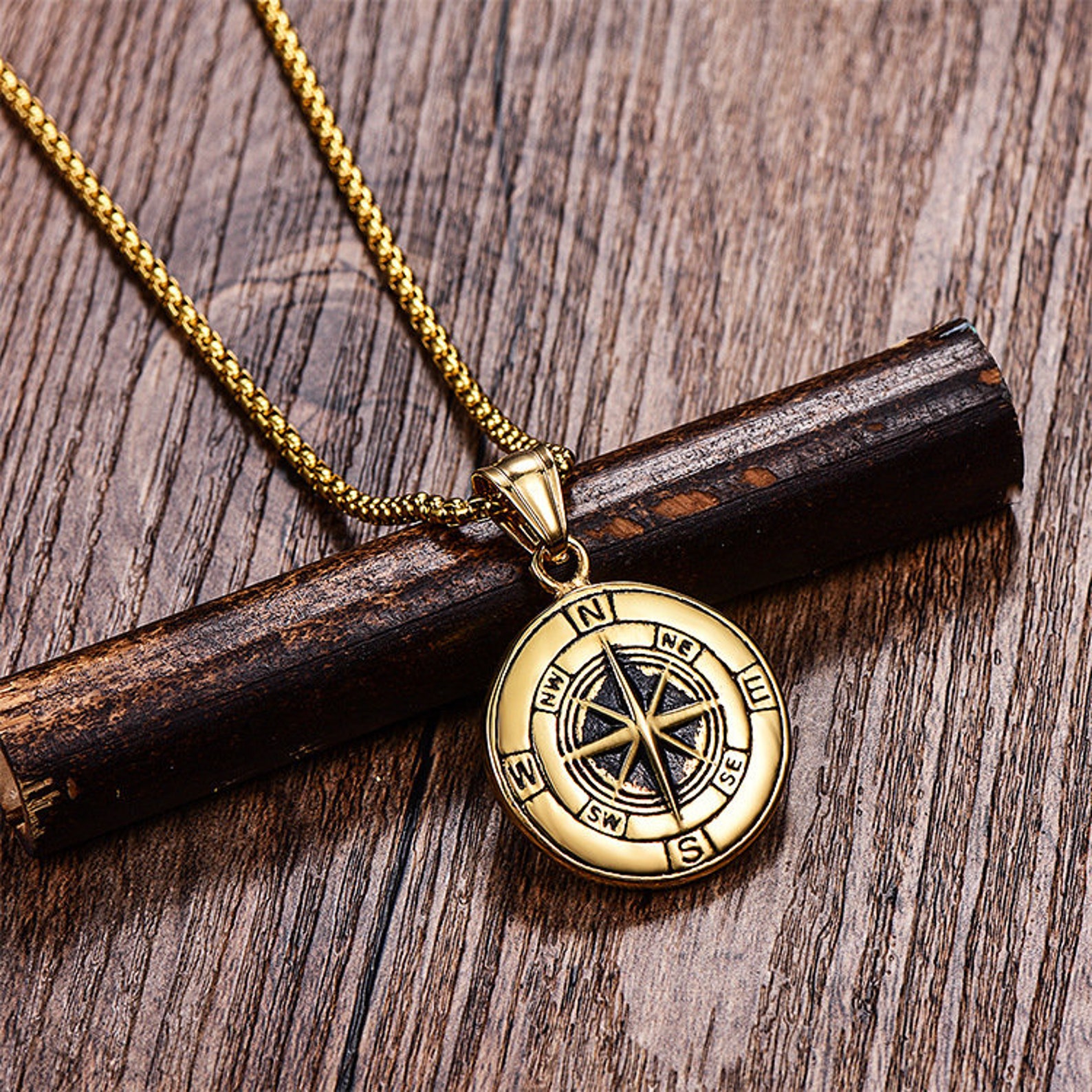 Mens Compass Necklace 14k Gold Plated Compass Pendant Etsy