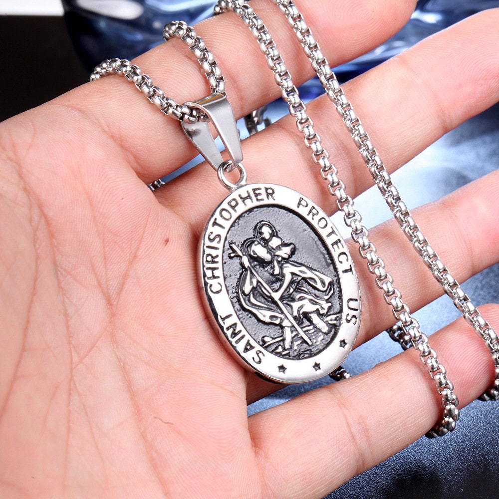 Silver Gold St Christopher Necklace Saint Pendant Travelers Gift Religious Jewelry Protection Medal 