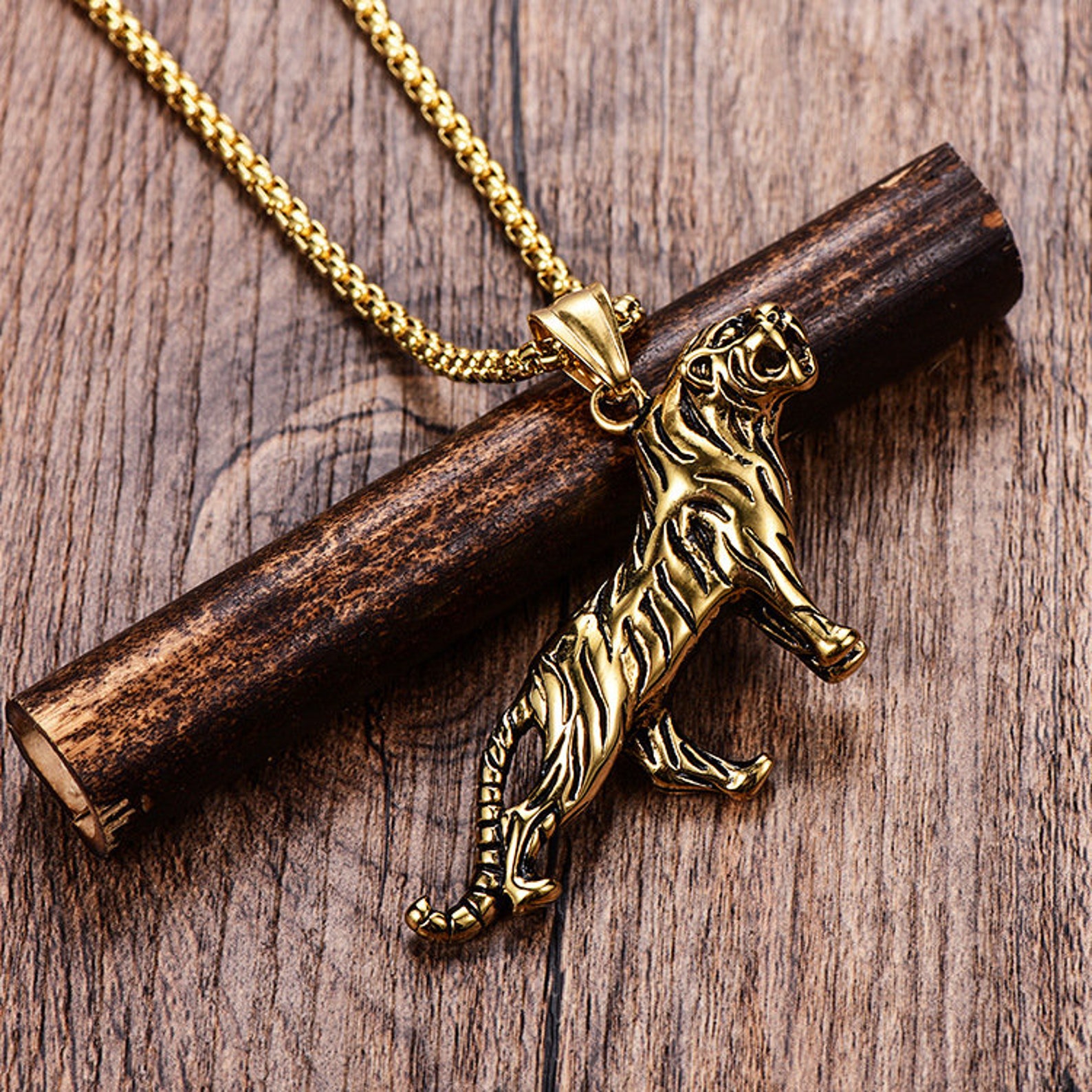 Gold Plated Tiger Pendant Necklace Stainless Steel Mens Tiger Etsy