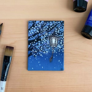 Original Acrylic Painting Cherry Blossoms and Lantern Painting Painting on Mini Canvas Panel Only Painting