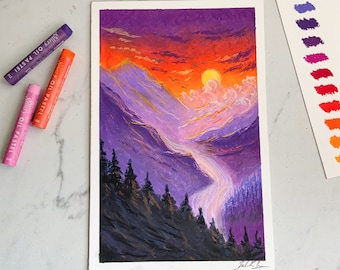 Sunset Over the Mountains | Oil Pastel Painting | Original Artwork