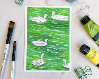 Ducks in a Pond Art Print | 5x7 inches | Original Painting Print | Wall Art Decor