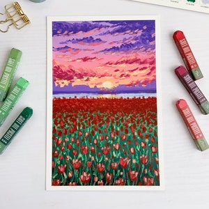 Field of Tulips Oil Pastels Original Painting Original Wall Art image 1