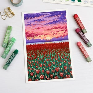 Field of Tulips Oil Pastels Original Painting Original Wall Art image 3