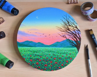 Poppy Field Landscape Acrylic Painting | 8x8 inches | Original Round Canvas Art