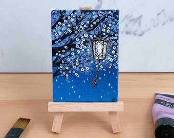 Original Acrylic Painting | Cherry Blossoms and Lantern Painting | Painting on Mini Canvas Panel