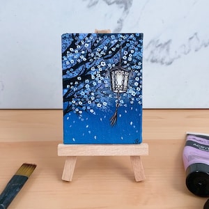 Original Acrylic Painting Cherry Blossoms and Lantern Painting Painting on Mini Canvas Panel With display easel