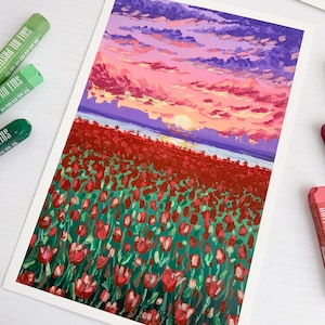 Field of Tulips Oil Pastels Original Painting Original Wall Art image 2