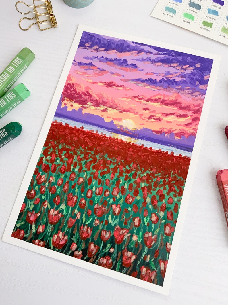 Field of Tulips Oil Pastels Original Painting Original Wall Art image 2