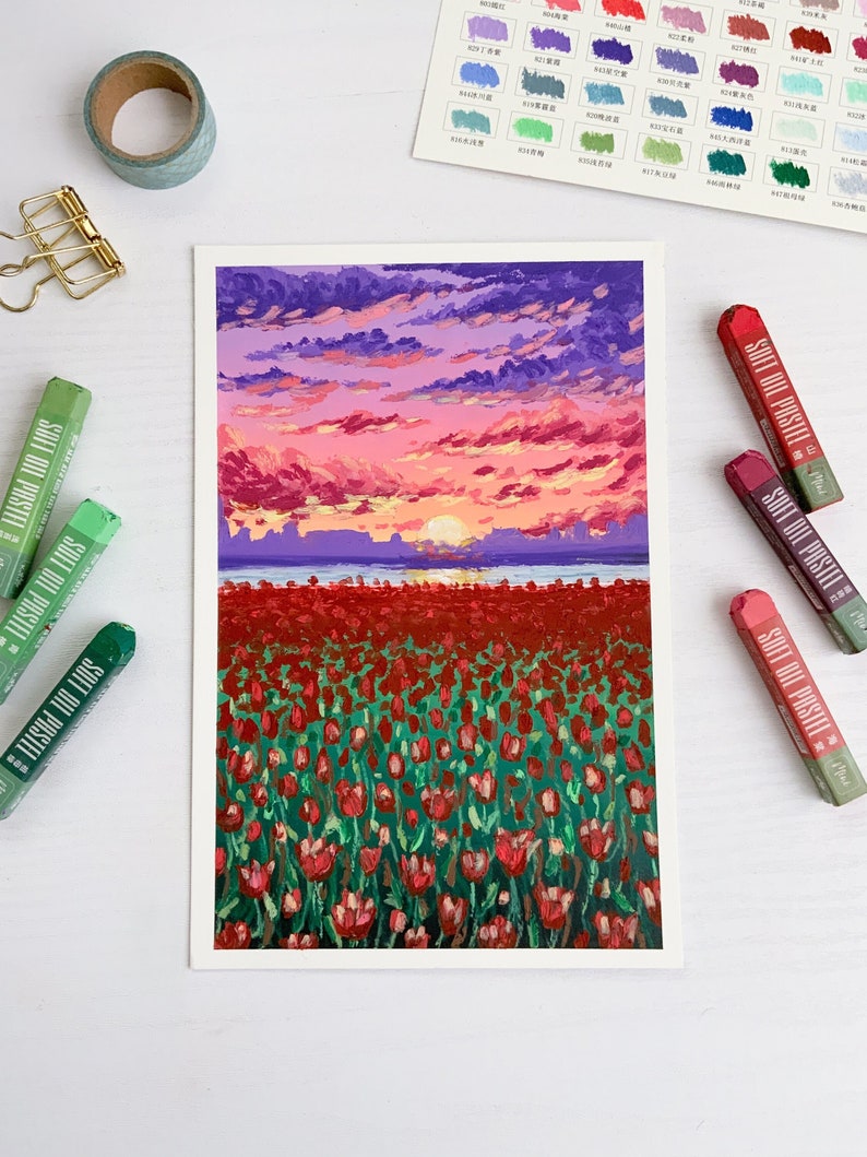 Field of Tulips Oil Pastels Original Painting Original Wall Art image 1