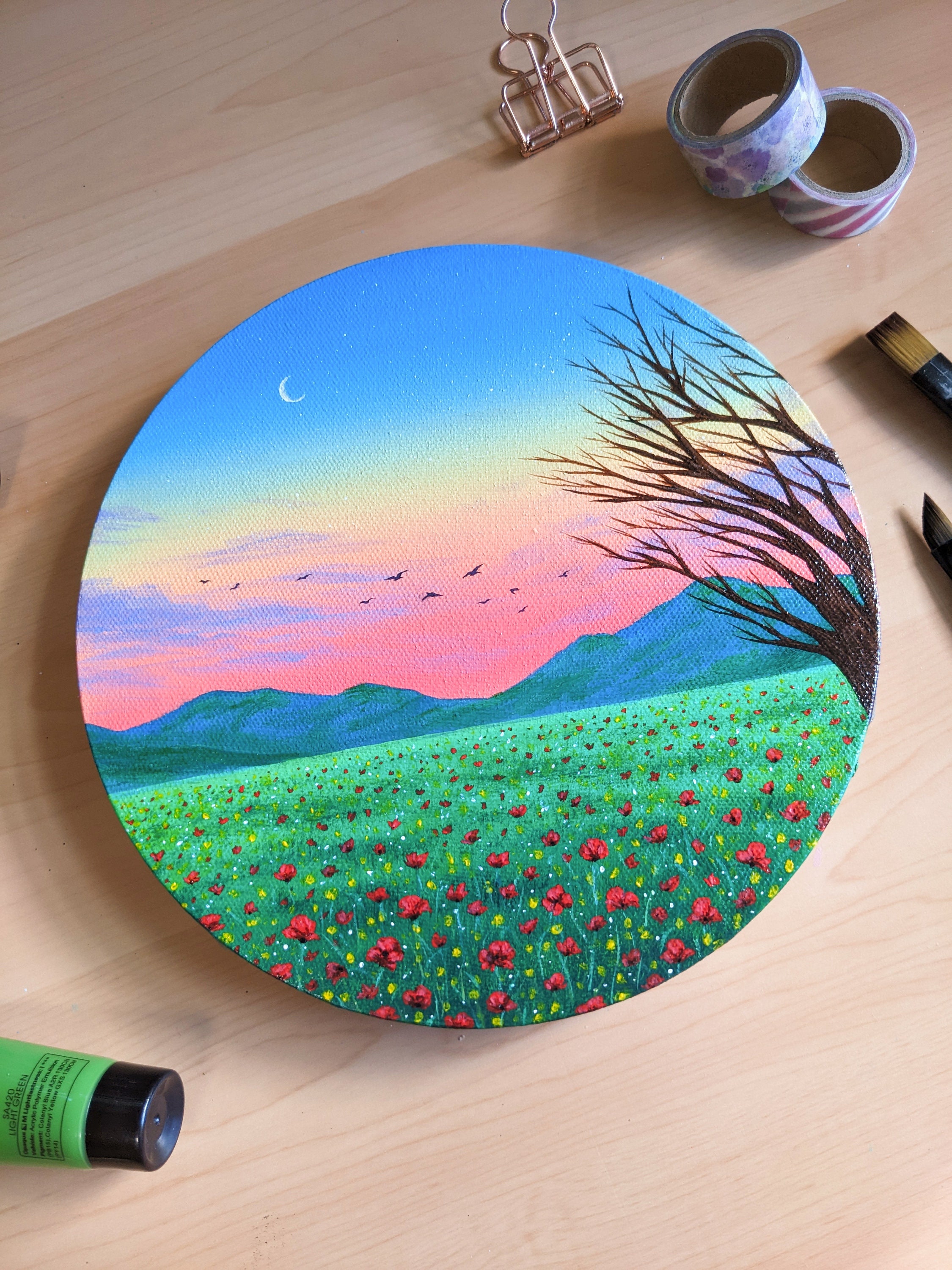 Poppy Field Landscape Acrylic Painting 8x8 Inches Original Round Canvas Art  