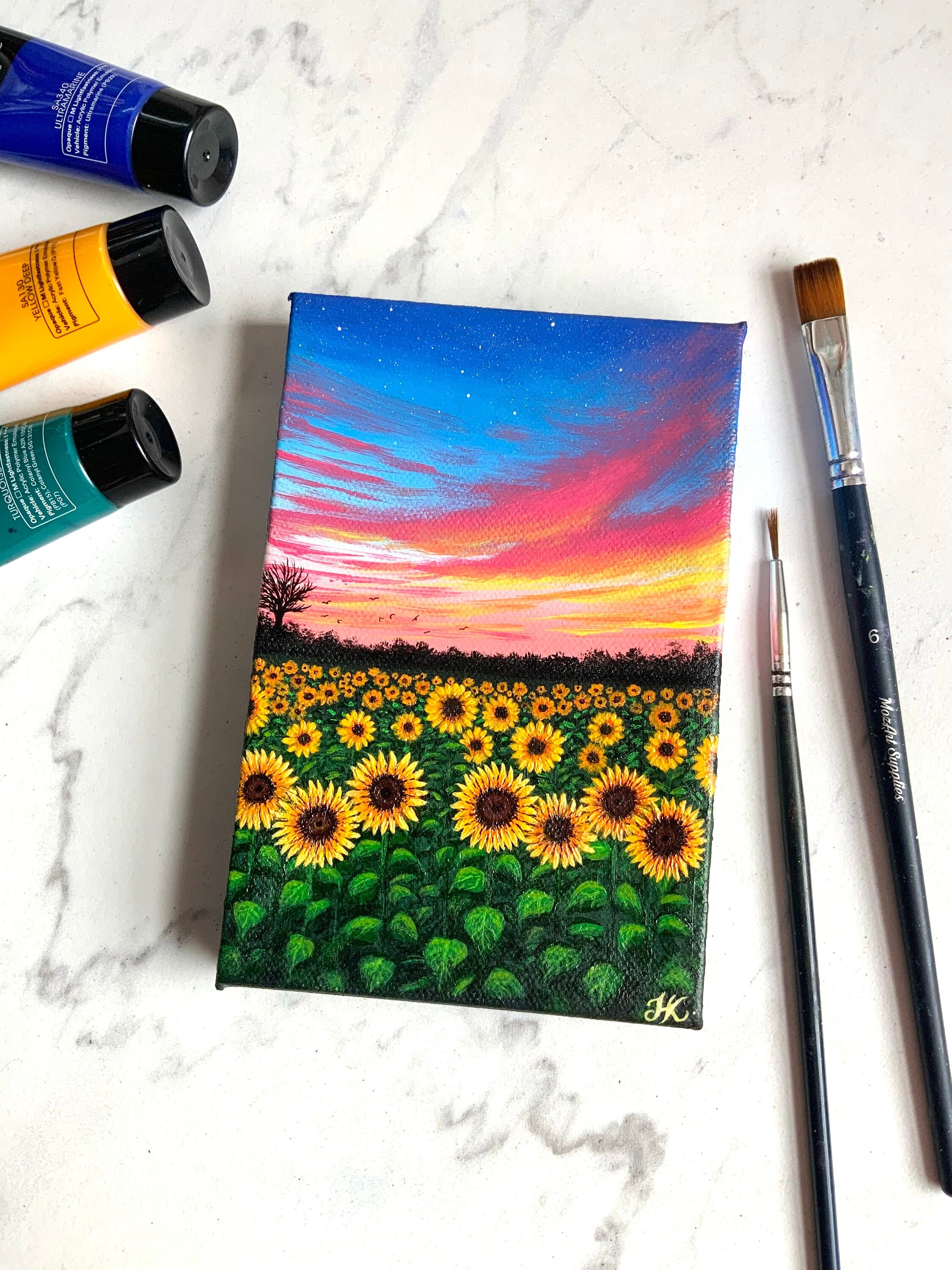 Sunflower Field Acrylic Painting | 4x6 Inches | Original Canvas