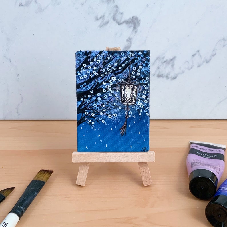 Original Acrylic Painting Cherry Blossoms and Lantern Painting Painting on Mini Canvas Panel With display easel