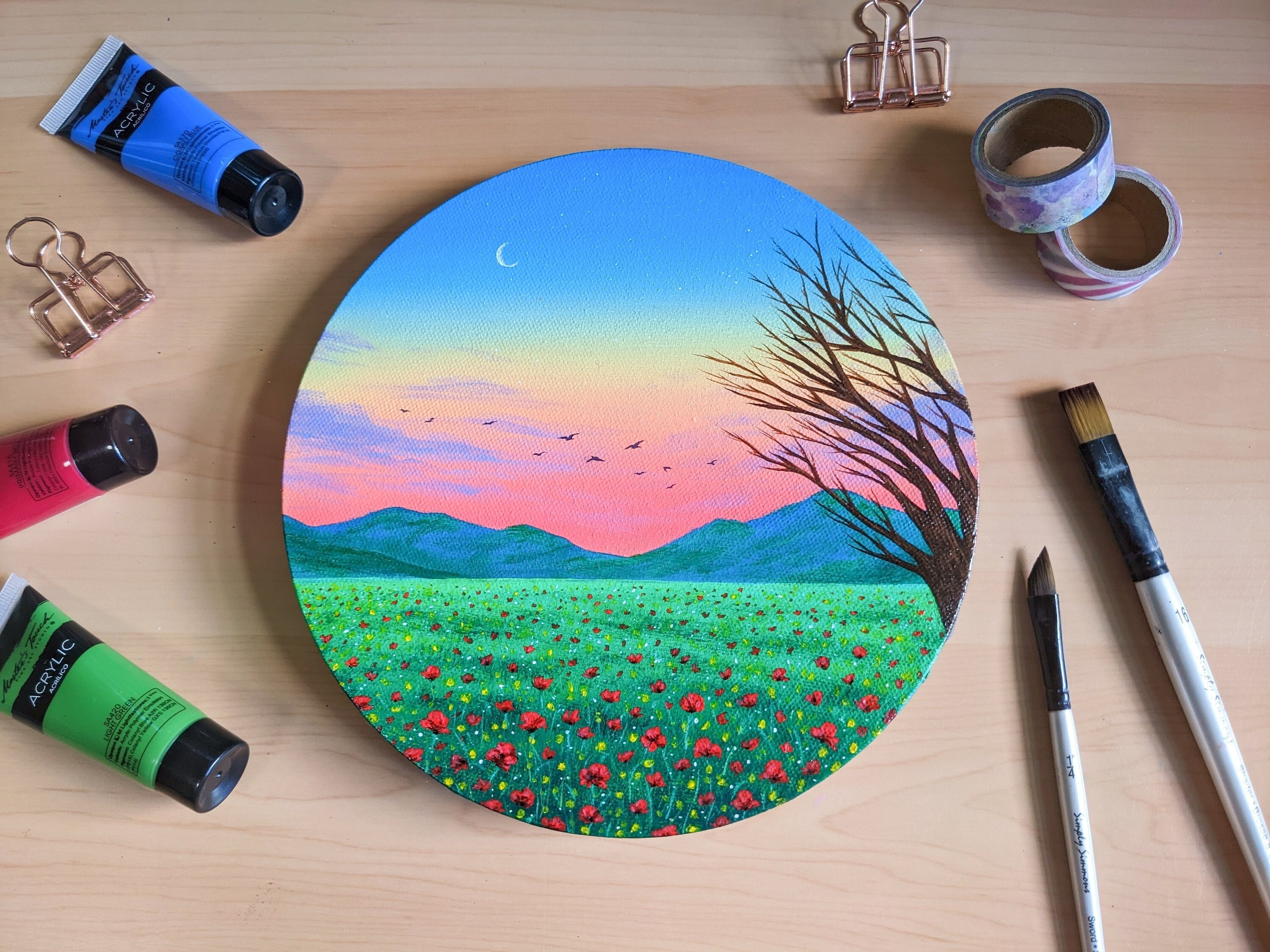 How To Paint “ENCHANTED EVENING” 💜 LANDSCAPE acrylic/painting tutorial/ ROUND  CANVAS 