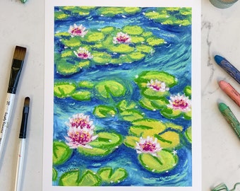 Waterlily Pond Art Print | Oil Pastel Painting Print | Lotus Pond Painting