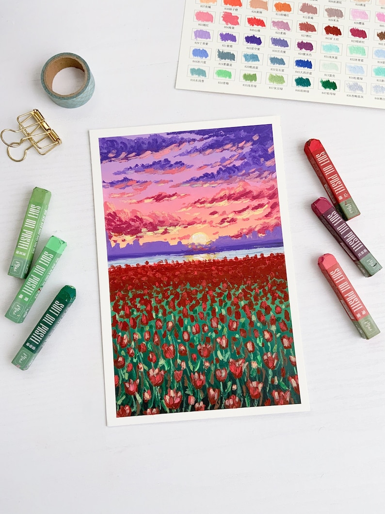 Field of Tulips Oil Pastels Original Painting Original Wall Art image 3