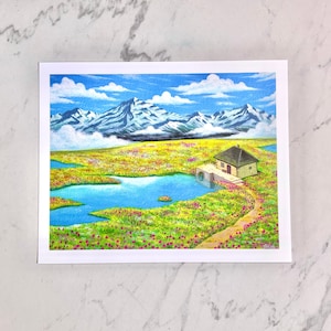 May include: A watercolour painting depicting a small house with a brown roof situated in a field of yellow flowers. The house is close to a small lake and a path leads towards it. The background features a mountain range with snow-capped peaks.