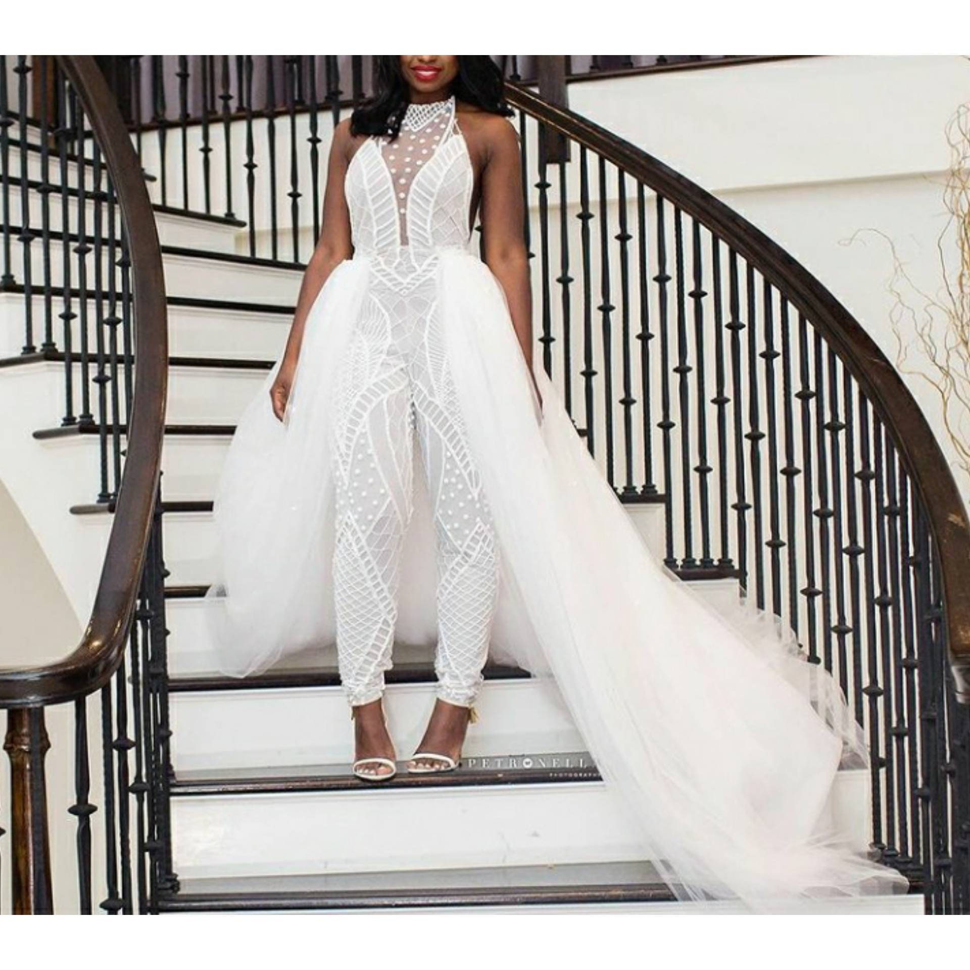 White bridal jumpsuit with a long detachable train prom Etsy