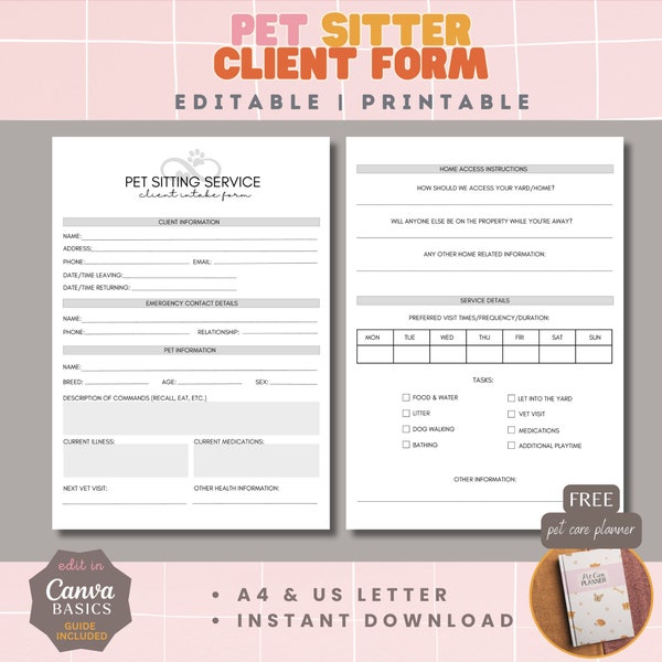 Pet Sitter Client Intake Form, Editable Pet Sitting Service Form, Dog Sitter Form, Cat Sitter Form, Pet Service Form, Pet Sitting Business