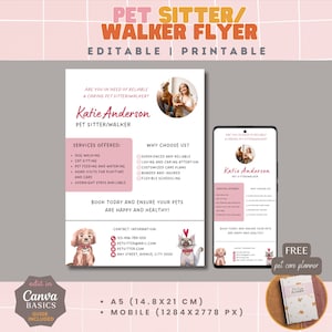 Folleto de cuidador de mascotas, folleto editable para paseador de mascotas, paseador de perros, paseador de gatos, folleto de servicio para mascotas, negocio de cuidado de mascotas, paseador de perros