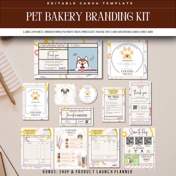 Dog Bakery Editable Pet Treats Branding Kit Small Business Editable Template Dog Treats Label Thank You Card Pricelist Invoice Order Form