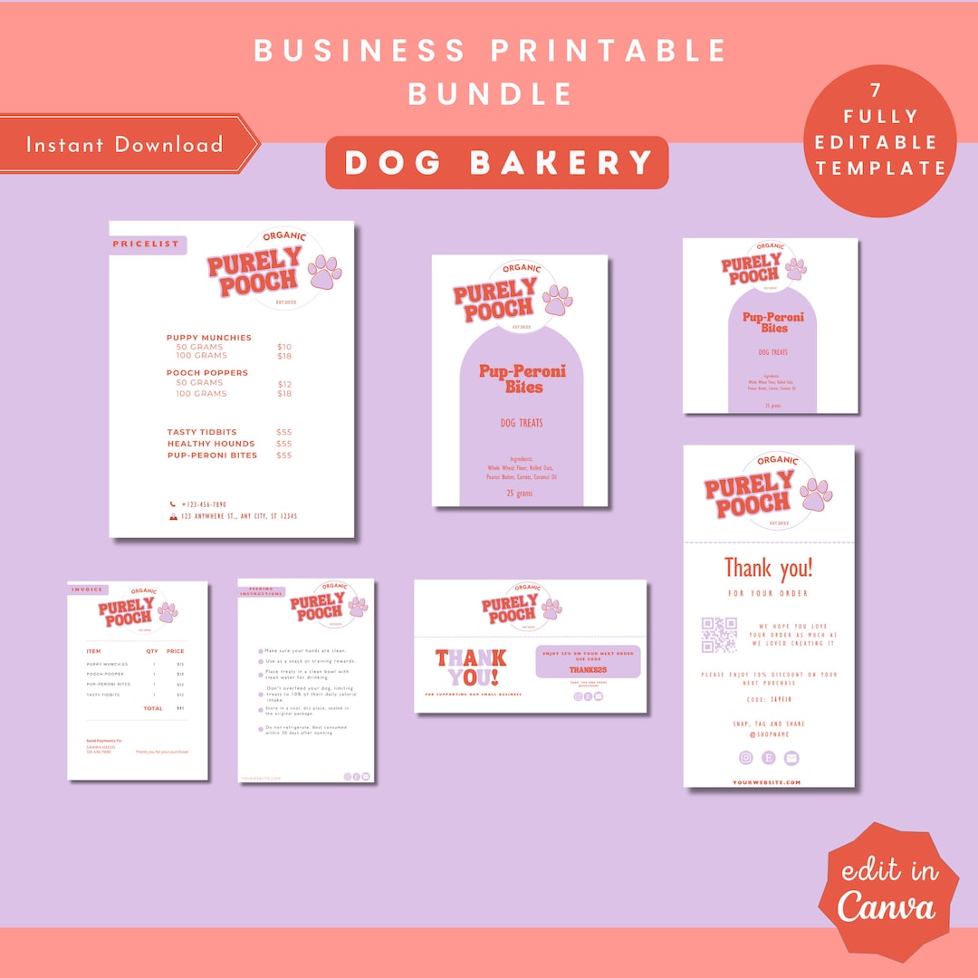 Dog Bakery Business Templates Pet Treats Branding Label Menu Etsy