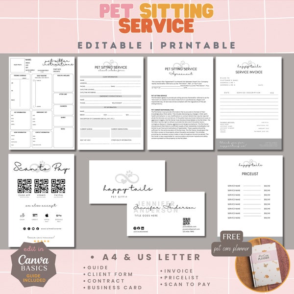 Pet Sitting Service Form, Pet Sitter Forms, Editable Dog Sitting Business Card, Pet Care Client Form Invoice Agreement Business Signs, Canva