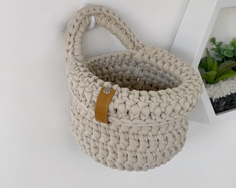 Wall hanging storage basket, crochet cotton organizer.