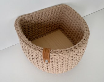 Bathroom organizer, crochet hallway storage, kitchen shelf basket, bedroom holder, desk keeper.