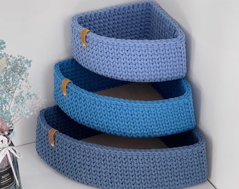 Triangle corner basket, crochet hallway storage, kitchen shelf organizer, bathroom holder, desk keeper. Housewarming gift.