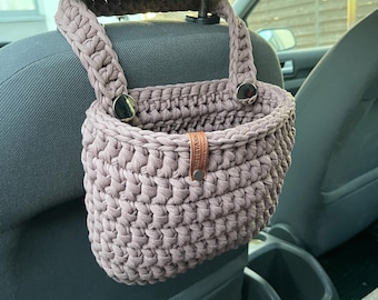 Back seat organizer, boho car trash can bag, crochet basket accessories, car guy gift.